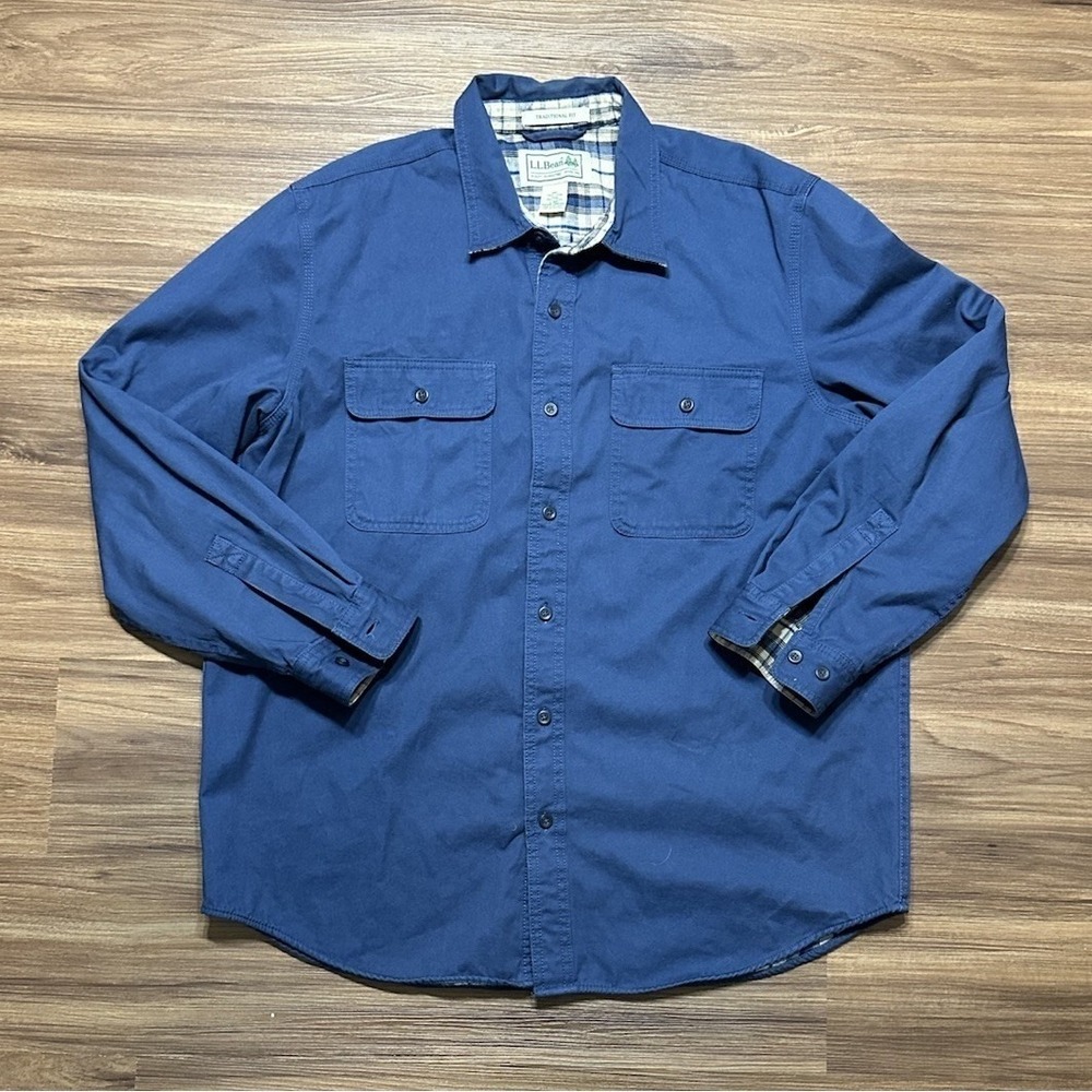 LL Bean Blue Flannel Lined Button Down Hurricane Shacket Traditional Fit Sz L
